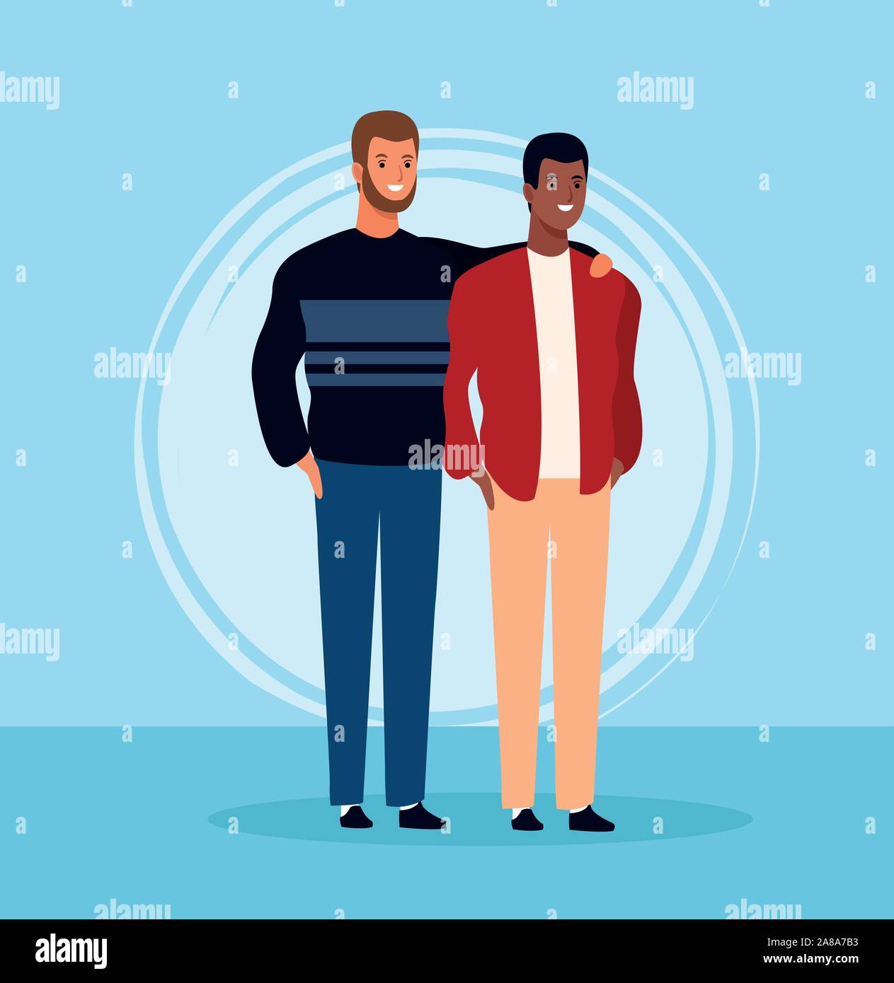 Cartoon amici maschi in piedi, design colorato Illustrazione Vettoriale