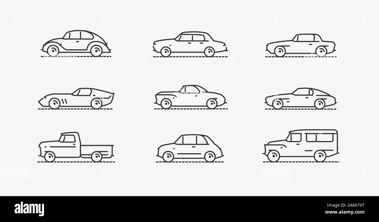 Set di icone retro auto. Simbolo di trasporto in stile lineare. Illustrazione vettoriale Illustrazione Vettoriale