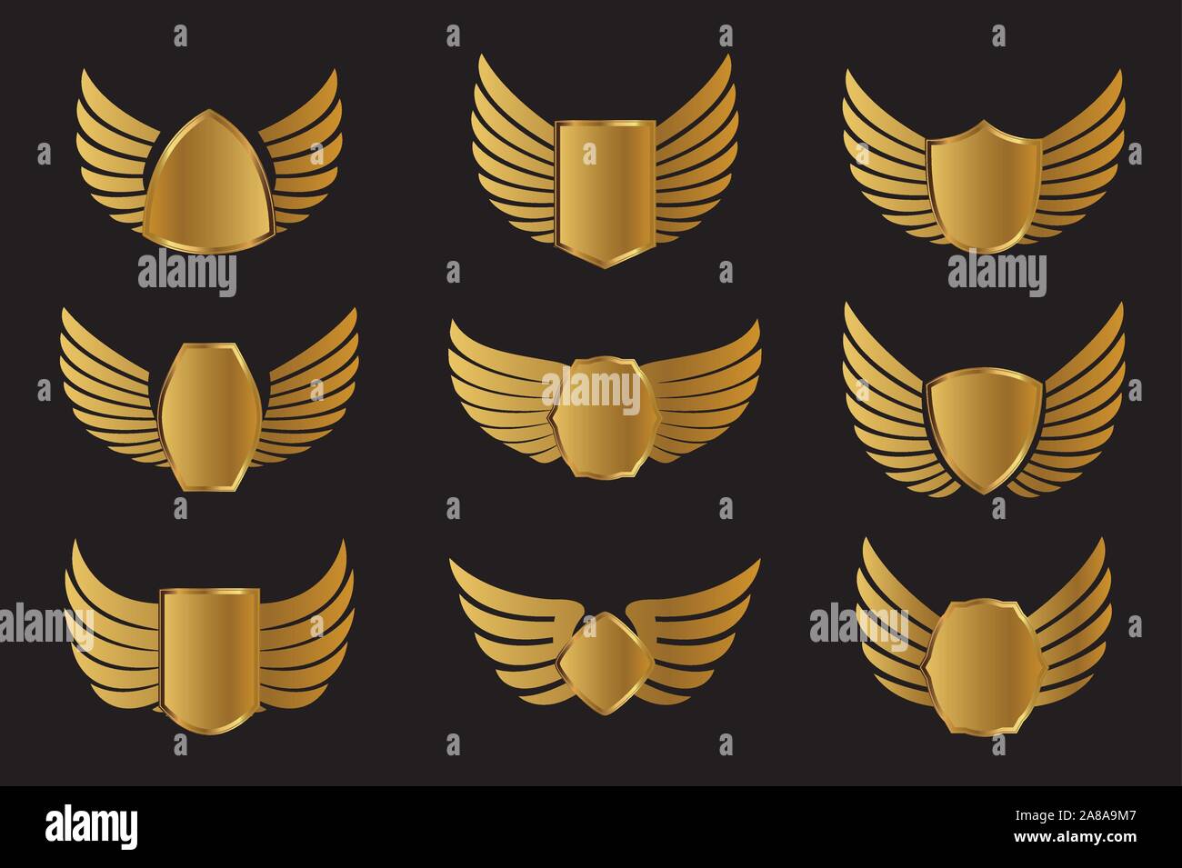Set di Golden Wings larghezza scudo. Illustrazione Vettoriale e delineare le icone. Il simbolo di libertà. Illustrazione Vettoriale