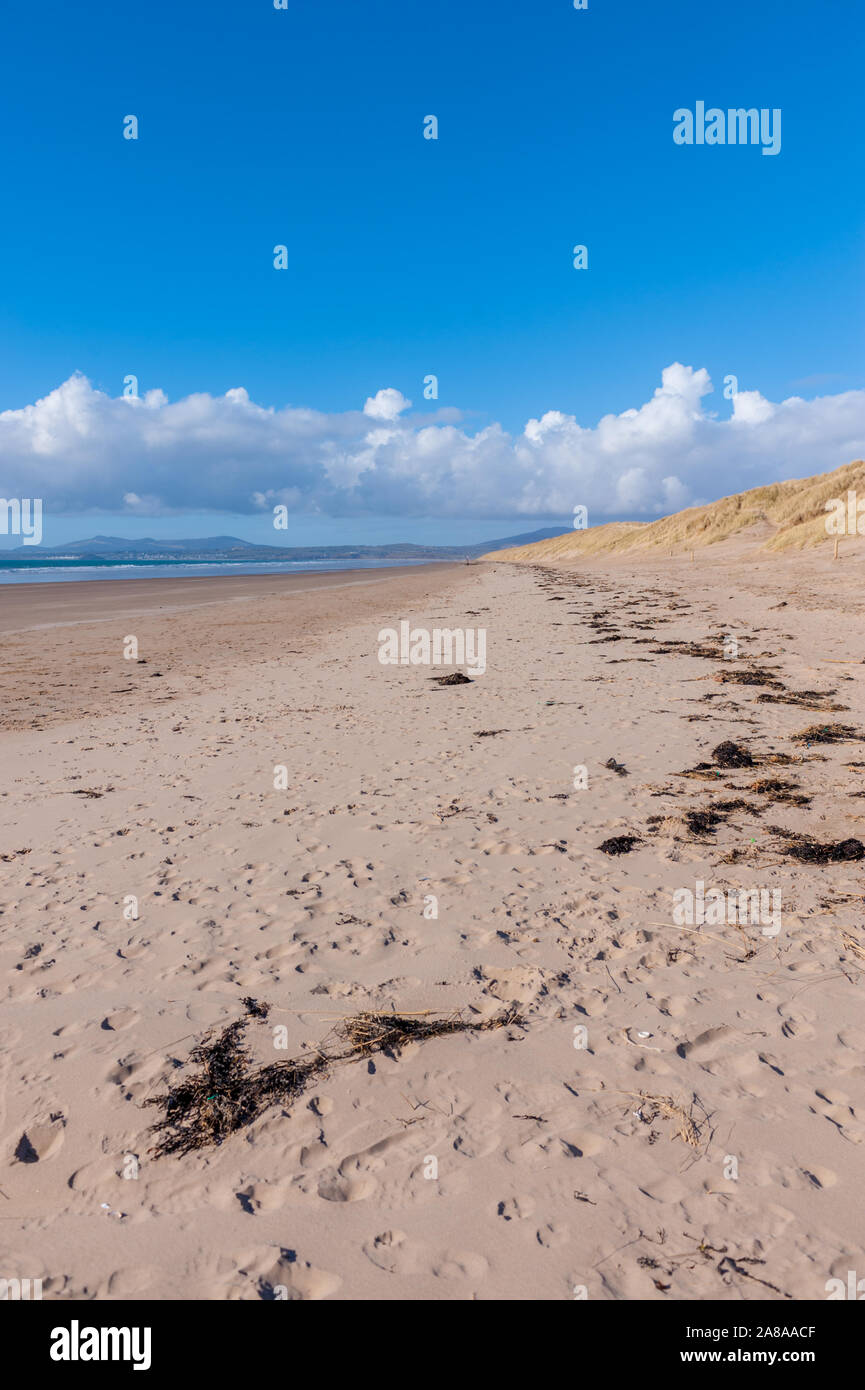 La spiaggia a Harlech Galles del Nord con la penisola di Llyn nella distanza Foto Stock