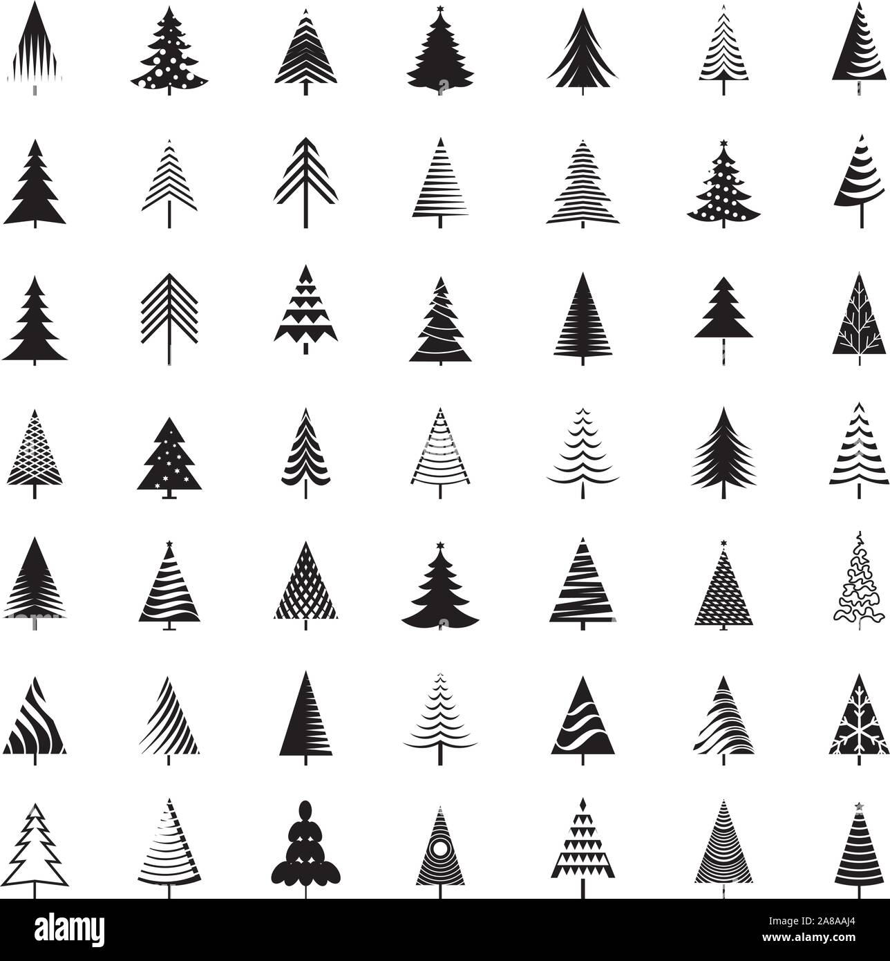 Set di nero di alberi di Natale. Stagione invernale gli elementi di design e il pittogramma semplicemente raccolta. Vettore isolato xmas icone e illustrazione. Illustrazione Vettoriale