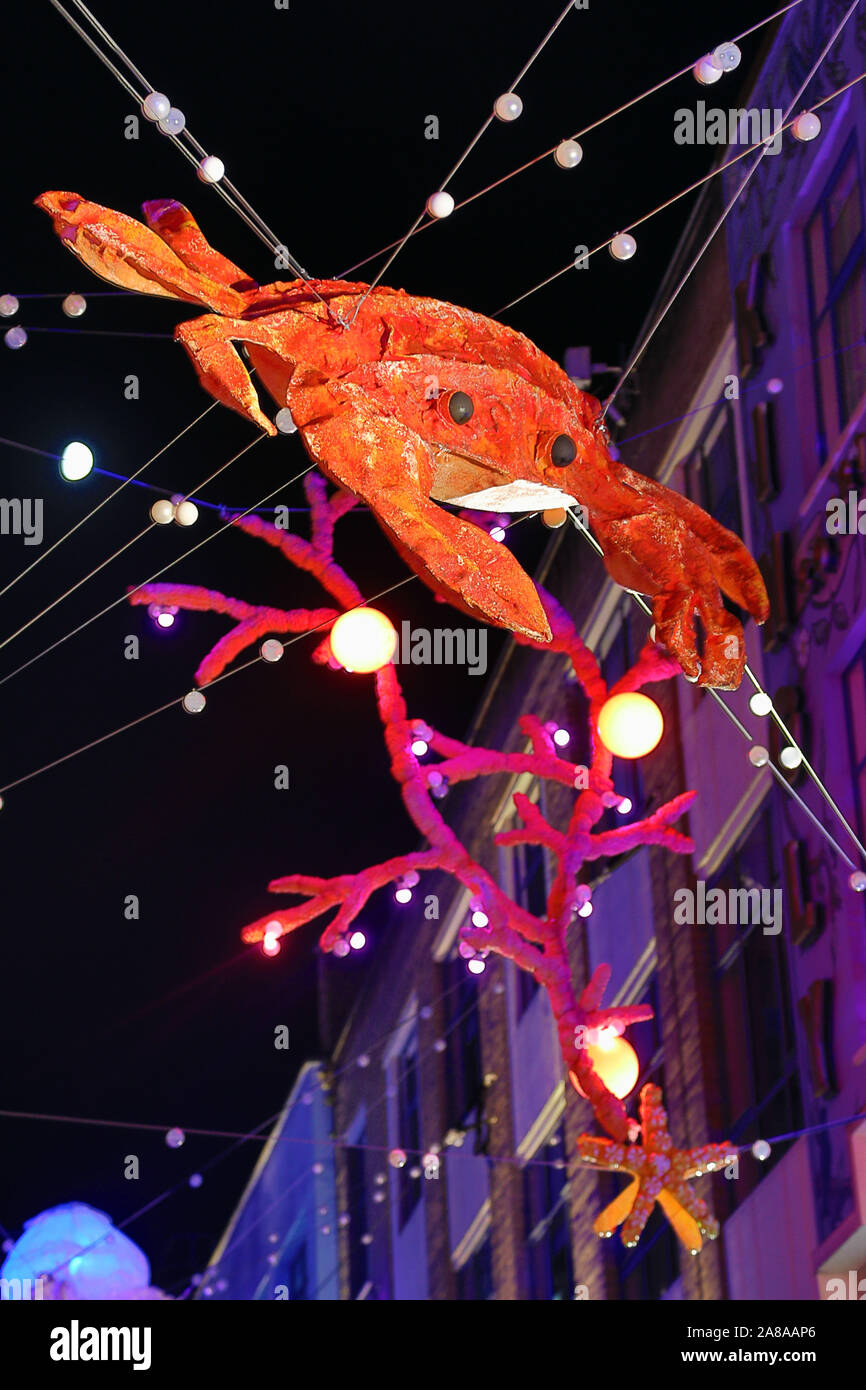 Londra, Regno Unito. 7 Nov, 2019. Le scene subacquee fatte di materiali riciclati illuminare Carnaby Street a Londra come le luci di Natale sono accese. Lavorando in collaborazione con Project Zero sono evidenziate le aree degli oceani che più necessitano di conservazione. Credito: Paul Brown/Alamy Live News Foto Stock