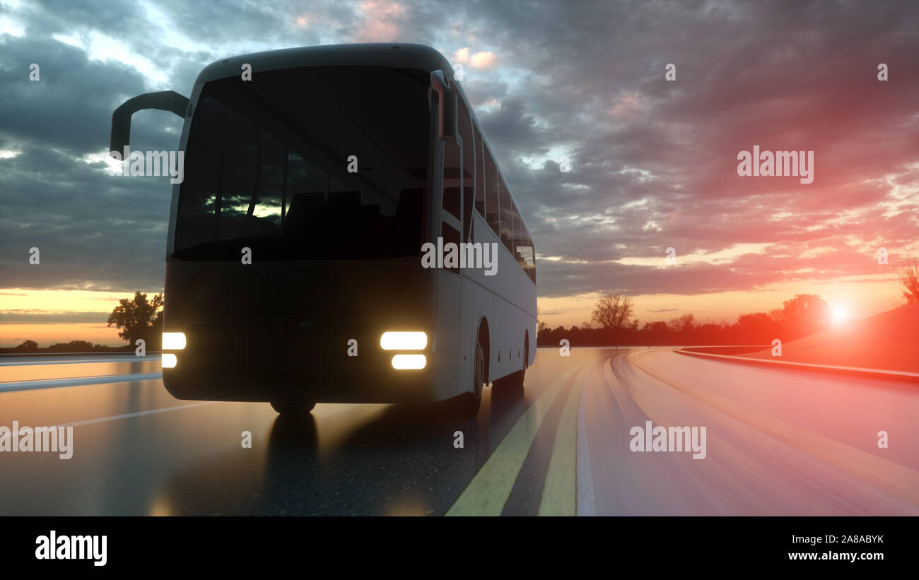 Bus turistico su autostrada. Trasporto e concetto di viaggio. Il rendering 3d. Foto Stock