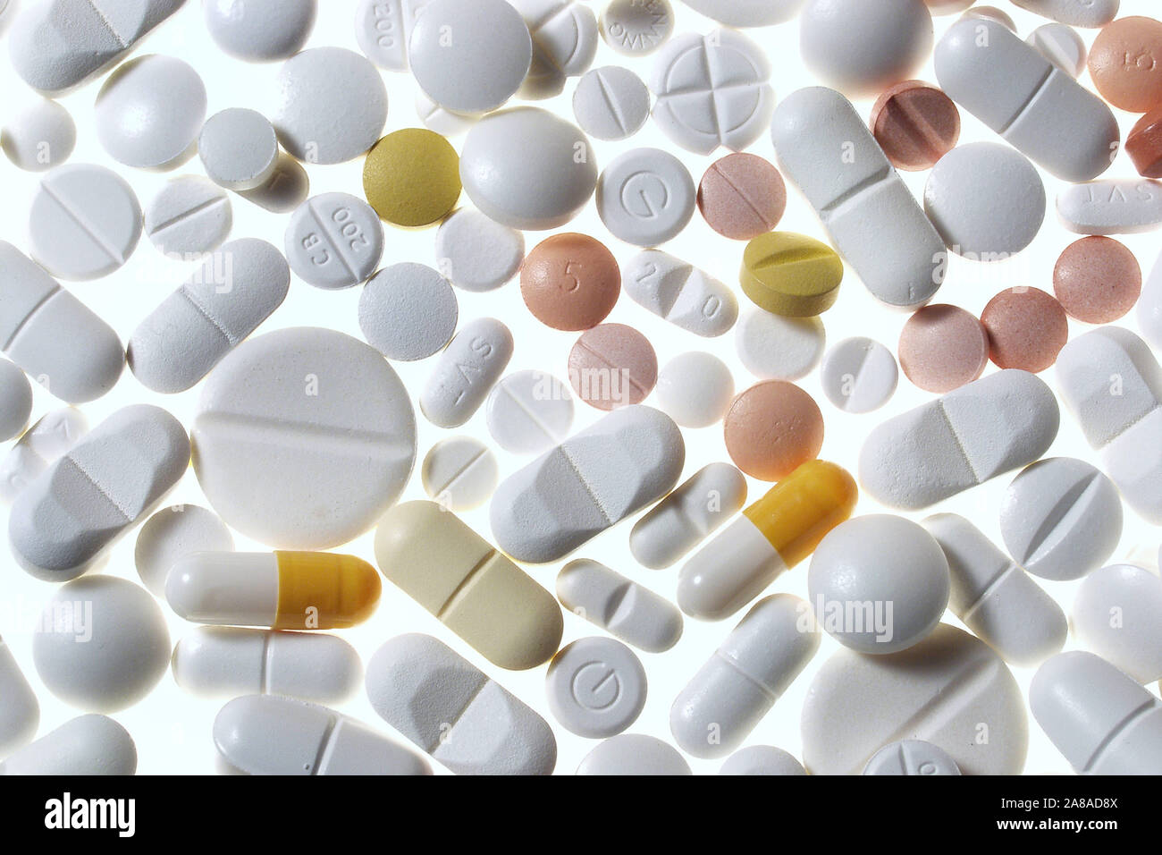 Verschiedene Tabletten, Schmerztabletten, Tablettensucht, Foto Stock