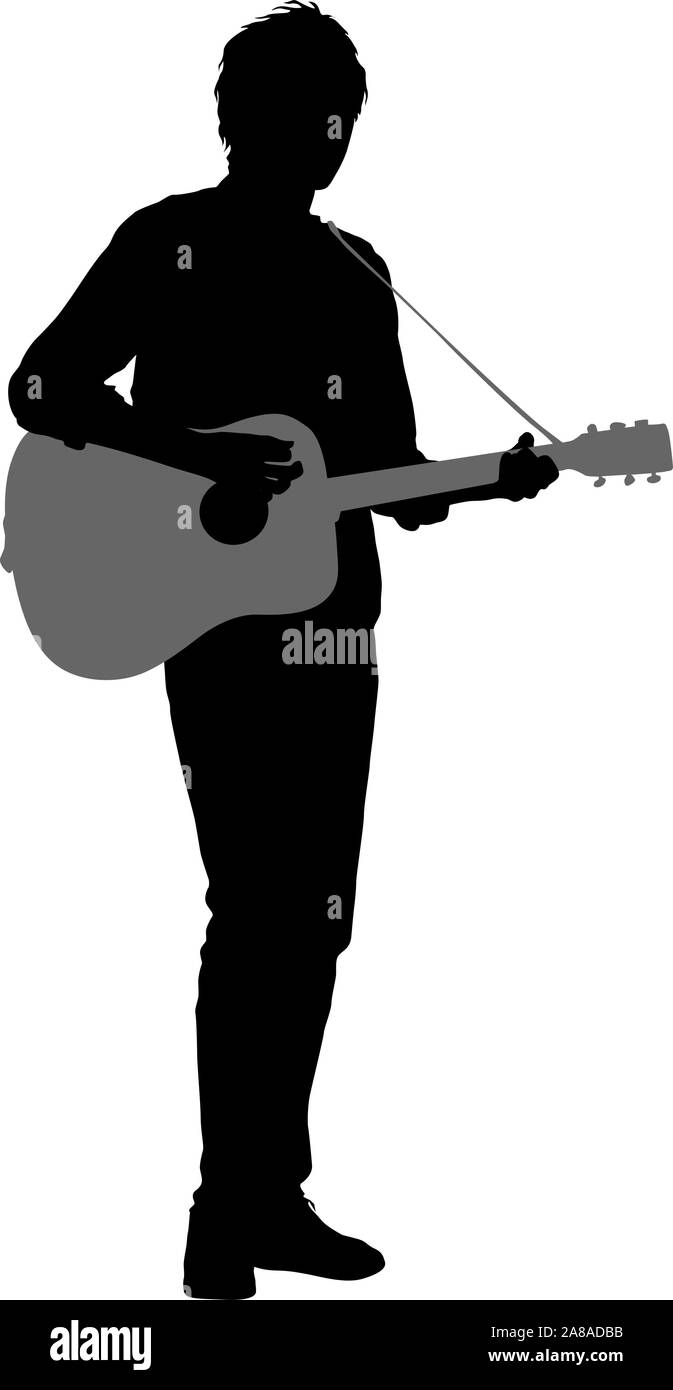 Silhouette musicista suona la chitarra su uno sfondo bianco. Illustrazione Vettoriale