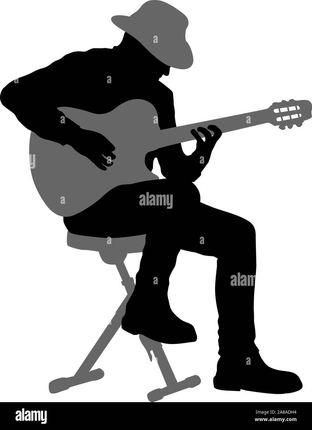 Silhouette musicista suona la chitarra su uno sfondo bianco. Illustrazione Vettoriale