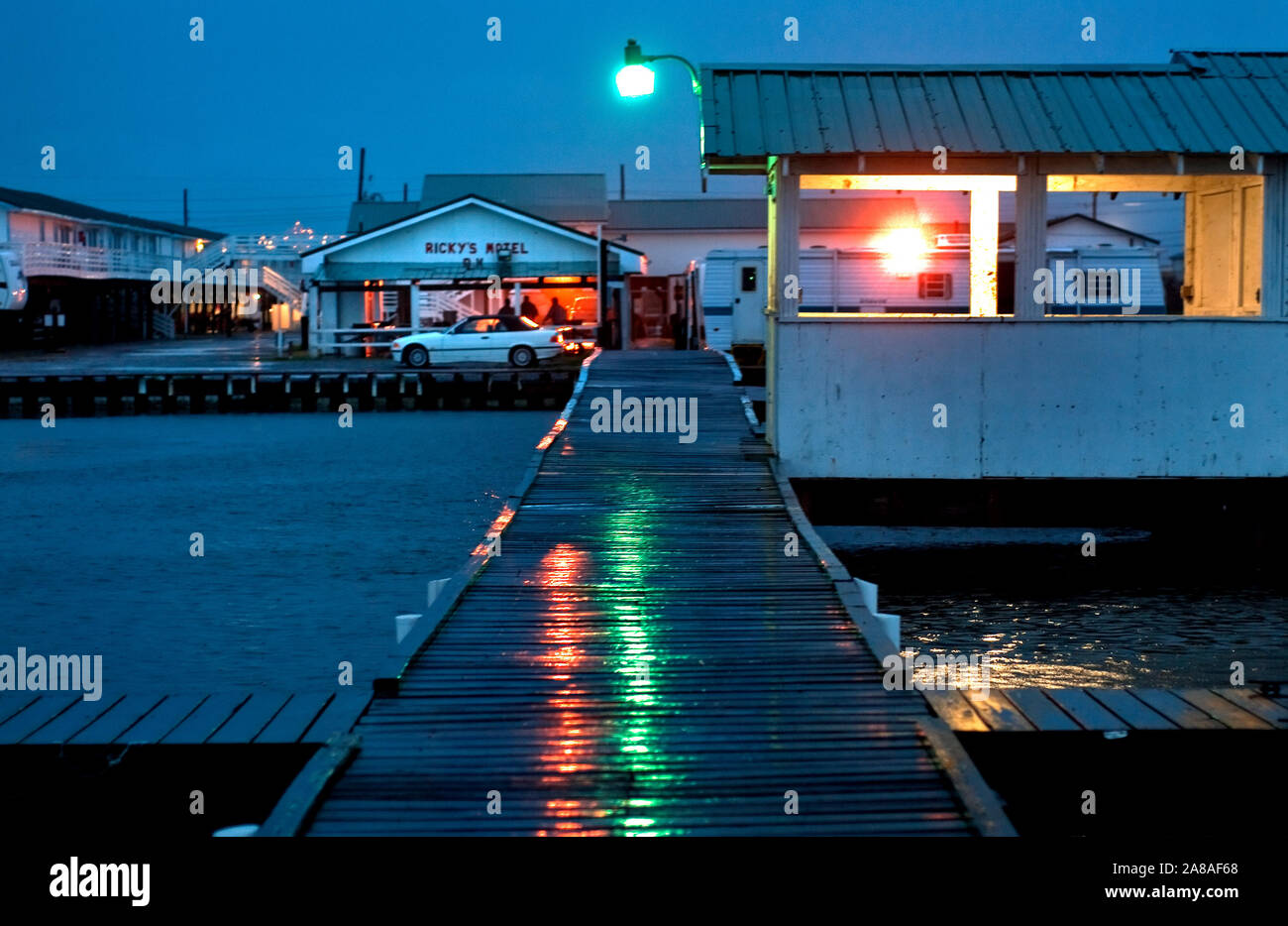 Luci riflettere su una pioggia-slickened wharf a Ricky il Motel 5 marzo 2011 in Grand Isle, Louisiana. Foto Stock