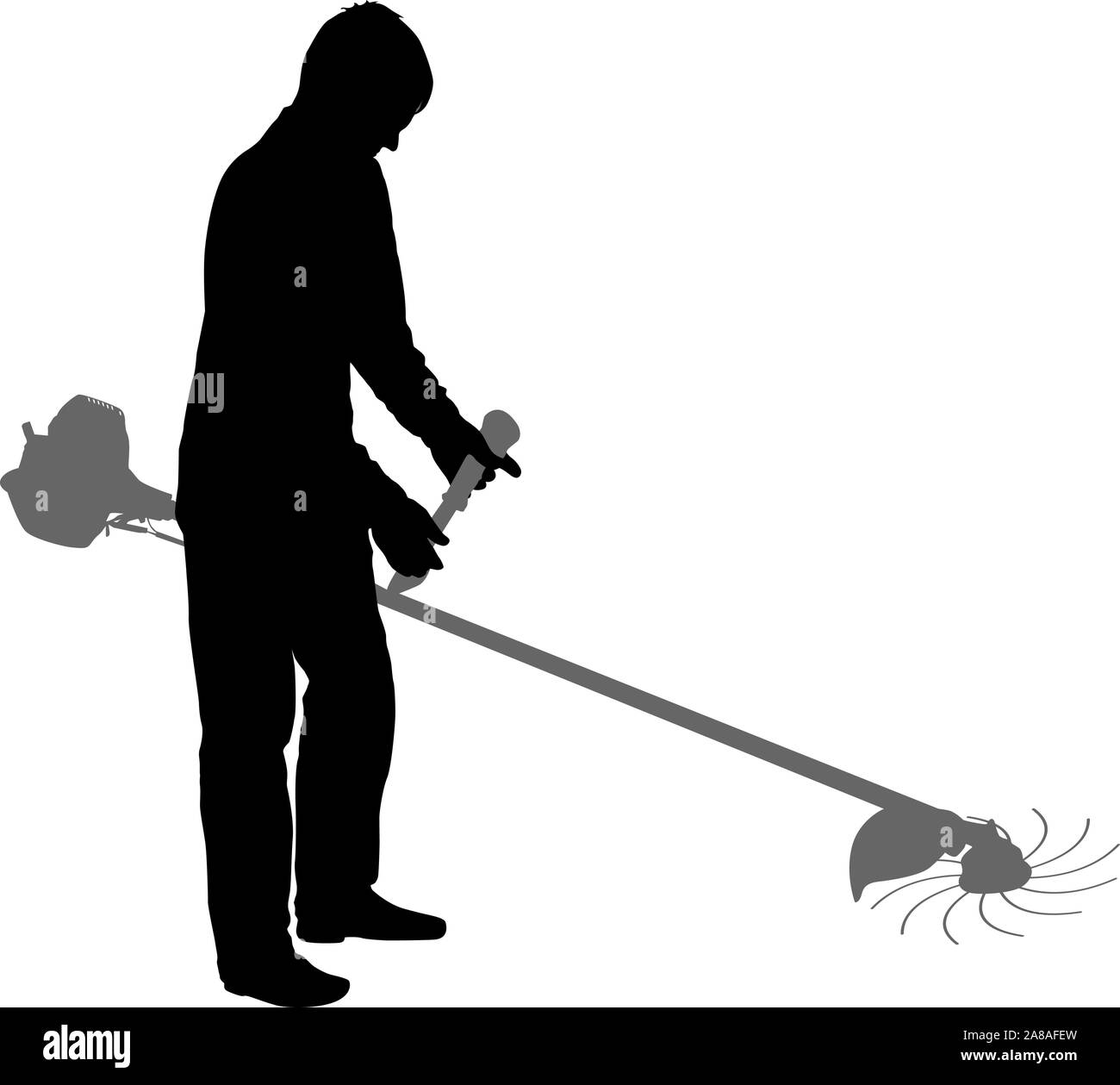 Silhouette lavoratore di un giardino interrompe l'erba. Illustrazione Vettoriale