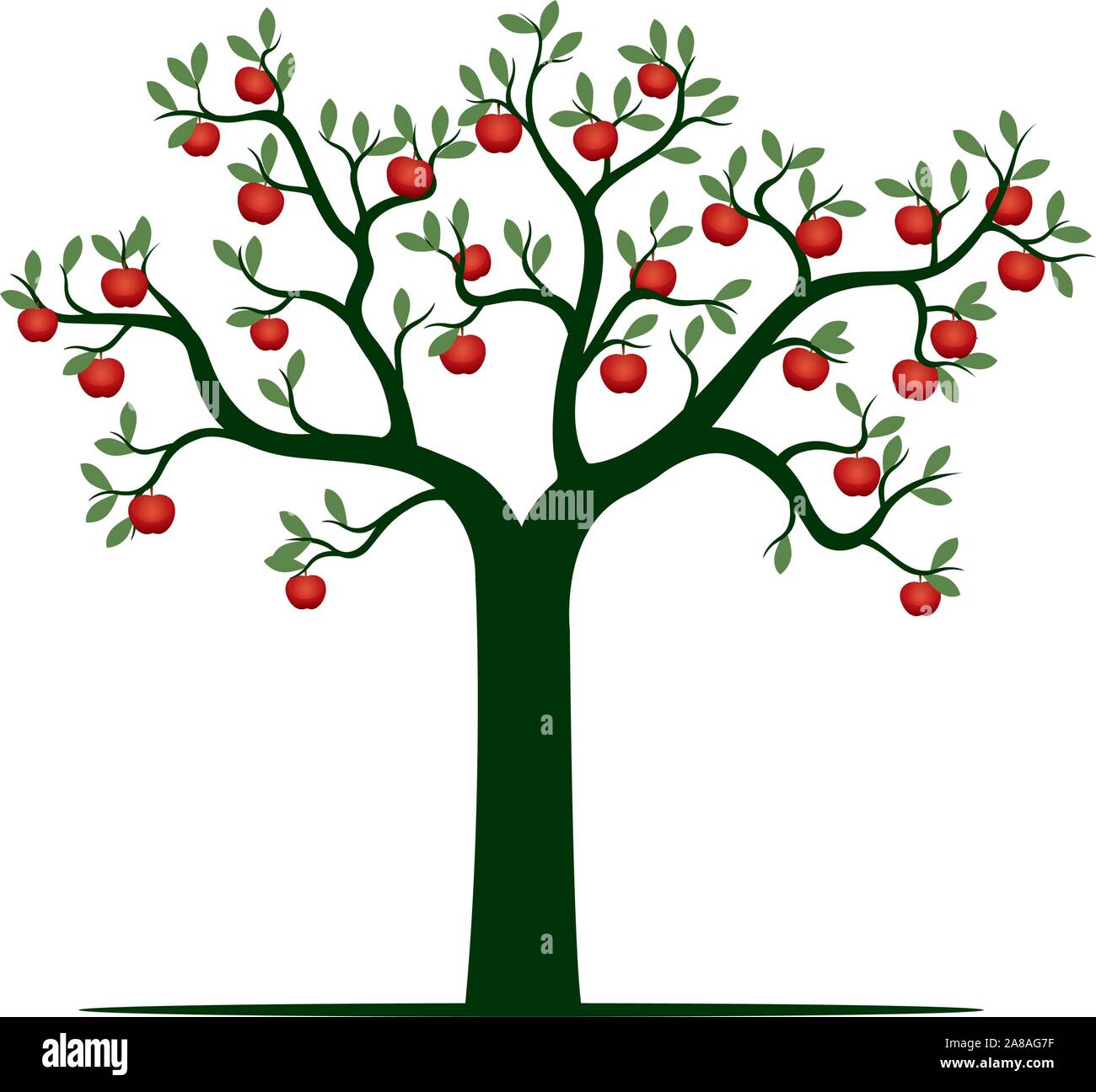 Verde Albero isolato su sfondo bianco. Rosso frutti di Apple. Illustrazione Vettoriale e concetto. Impianto in giardino. Illustrazione Vettoriale