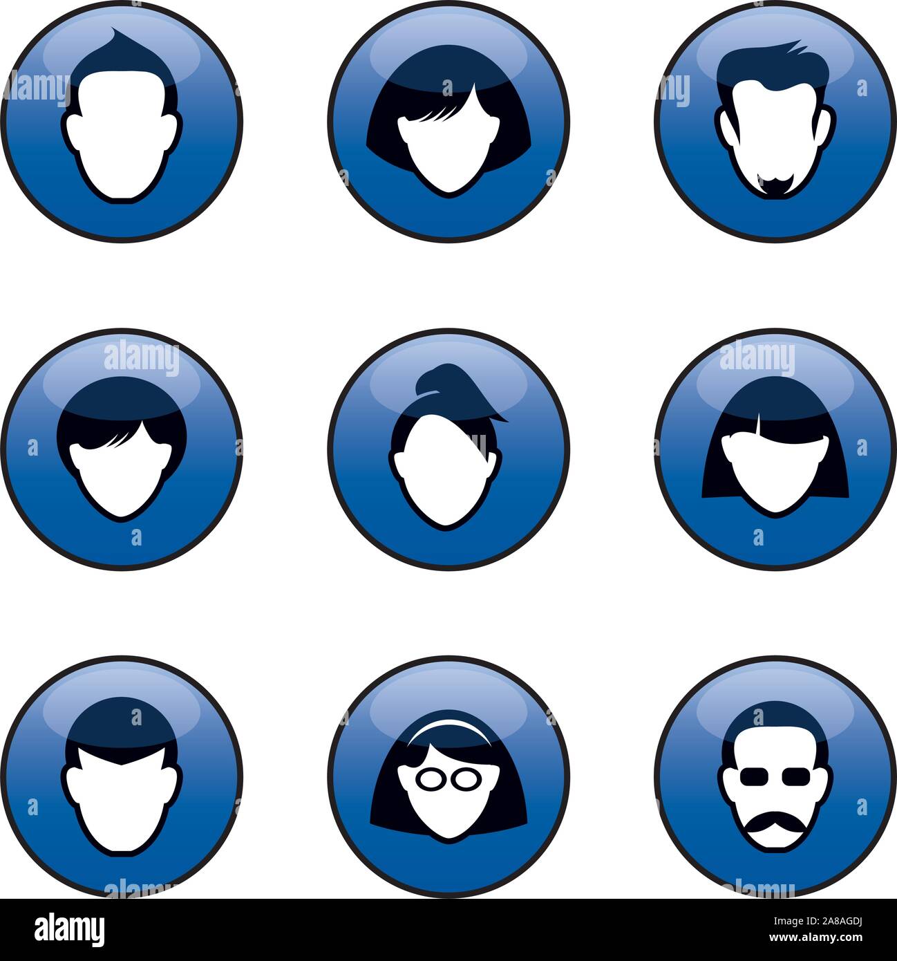Set di pulsanti di colore blu per il web. Teste umane e sagome. Le relazioni interpersonali e la comunicazione. Vettore illustrazione di contorno e le icone. Illustrazione Vettoriale