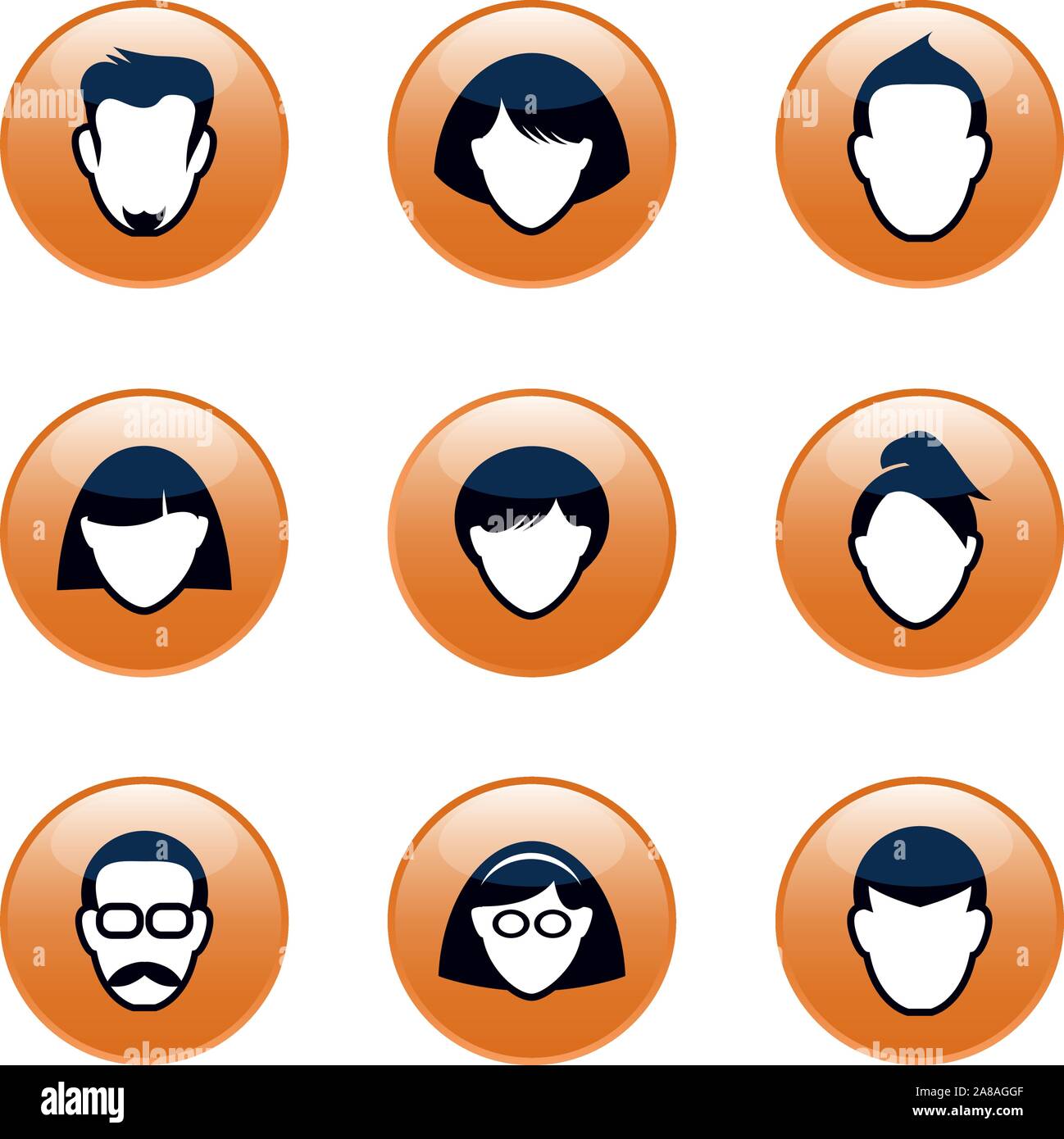 Set di pulsanti arancioni per il web. Teste umane e sagome. Le relazioni interpersonali e la comunicazione. Vettore illustrazione di contorno e le icone. Illustrazione Vettoriale