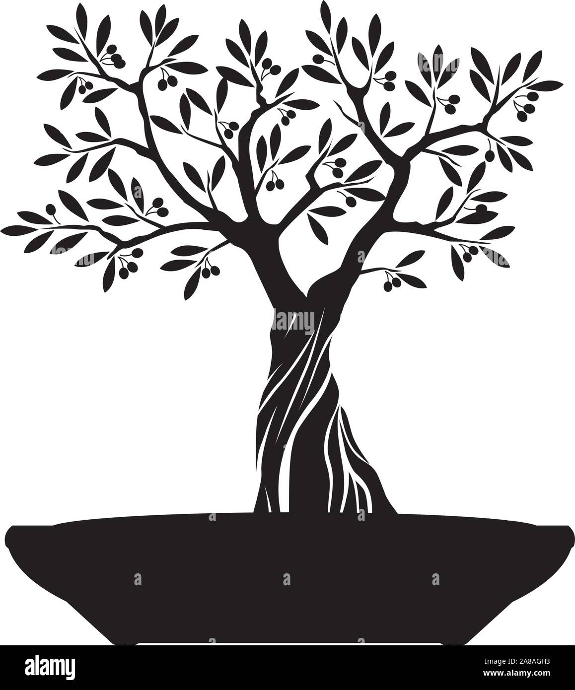 Isolato nero albero di Bonsai su sfondo bianco. Illustrazione Vettoriale e concetto. Impianto in giardino. Illustrazione Vettoriale
