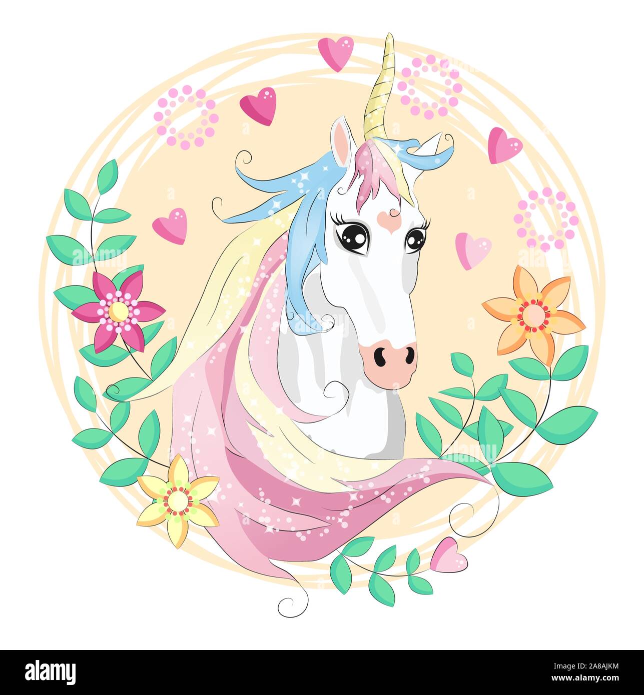 Unicorn faccia. Pony belle facce unicorns, corno magico in arcobaleno  ghirlanda di fiori e pony simpatico testa di ciglia, fairytale arcobaleno  cartoon magica isola Immagine e Vettoriale - Alamy