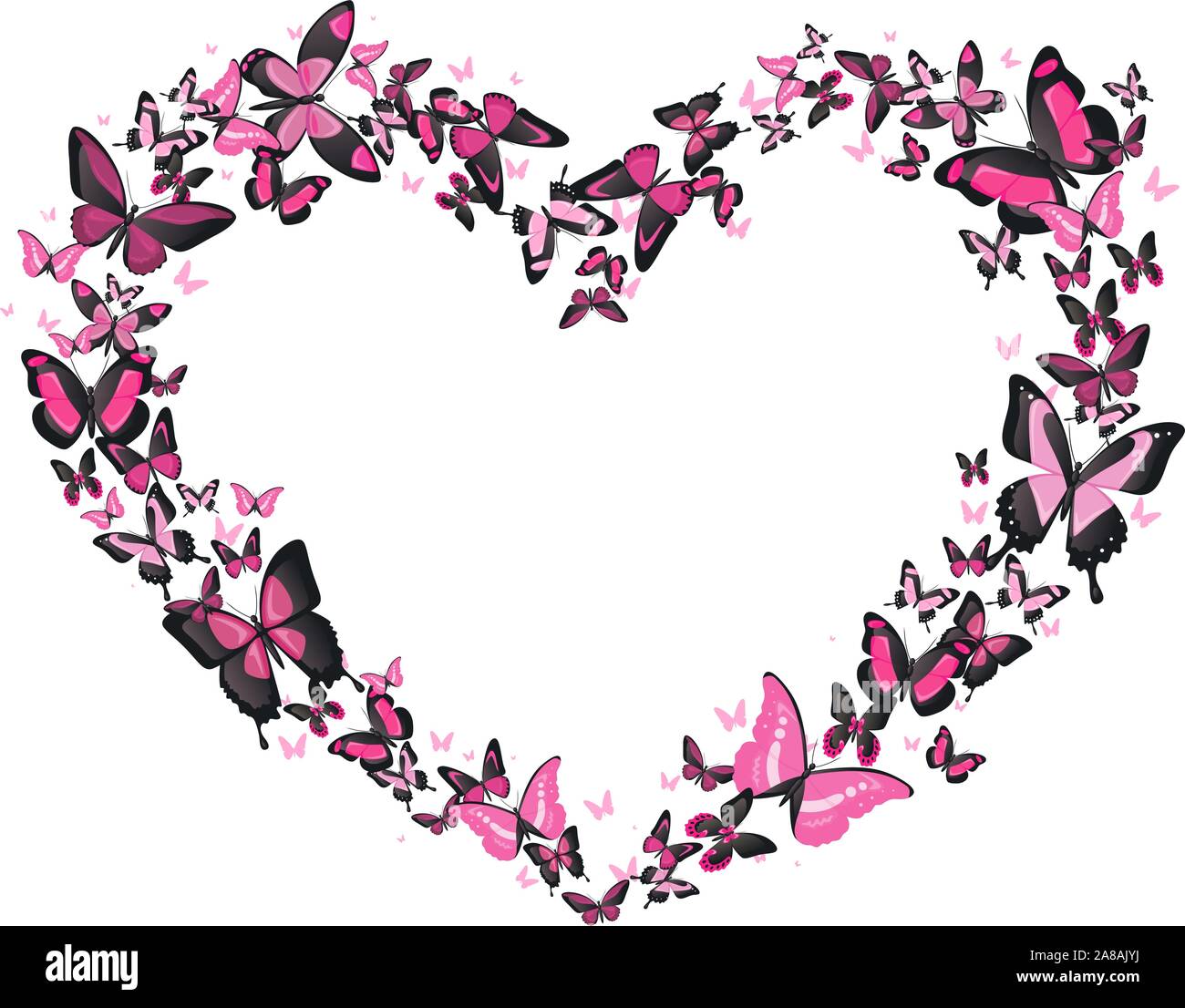 A forma di cuore il volo delle farfalle, rosa e nero vettore di farfalle a forma di cuore ad illustrazione. Romantico ed elegante. Illustrazione Vettoriale