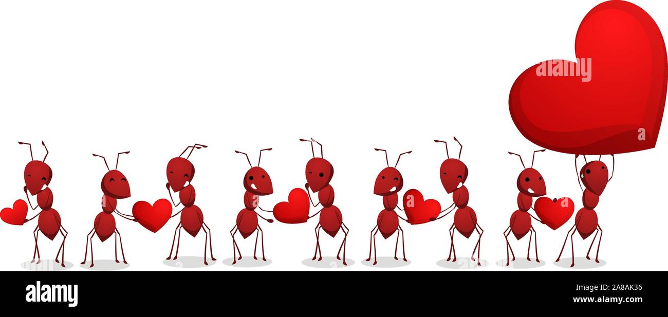 Nove amare le formiche che trasportano il cuore, la realizzazione di una catena di amore. Con un cuore grande e 5 più piccoli. Illustrazione Vettoriale. Illustrazione Vettoriale