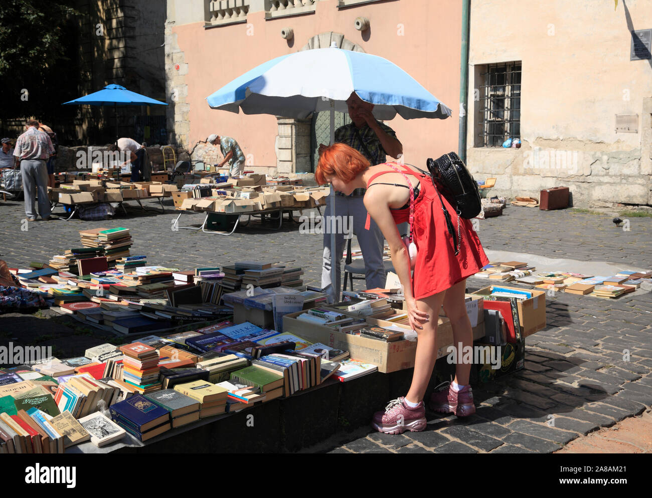 Flea-libro-mercato di piazza Muzeina, Lviv, Ucraina Foto Stock
