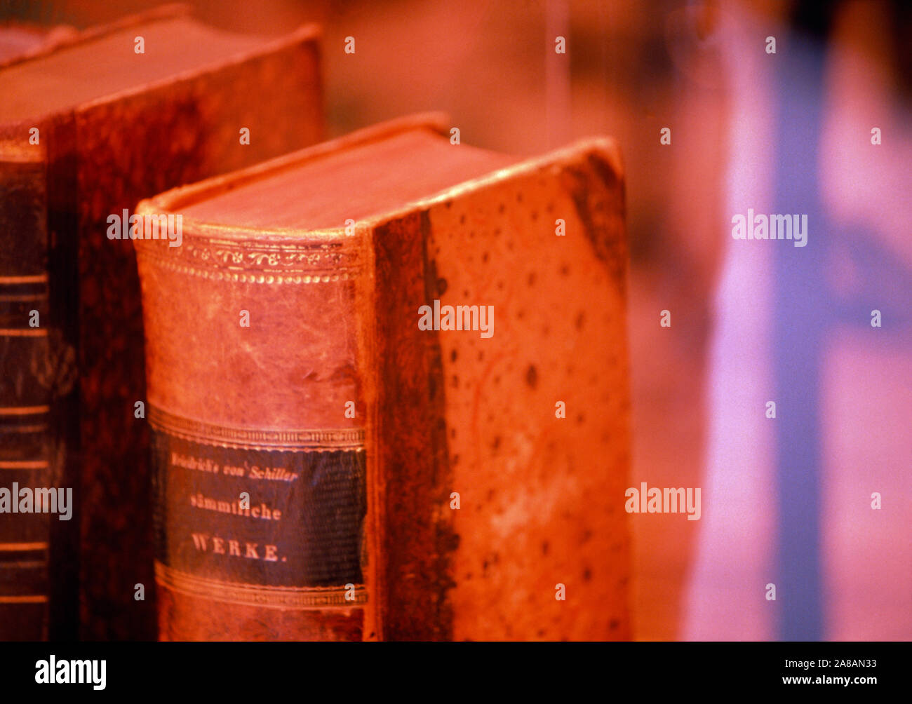 Close-up di cuoio rosso legato libri tedeschi, Berna, Svizzera Foto Stock