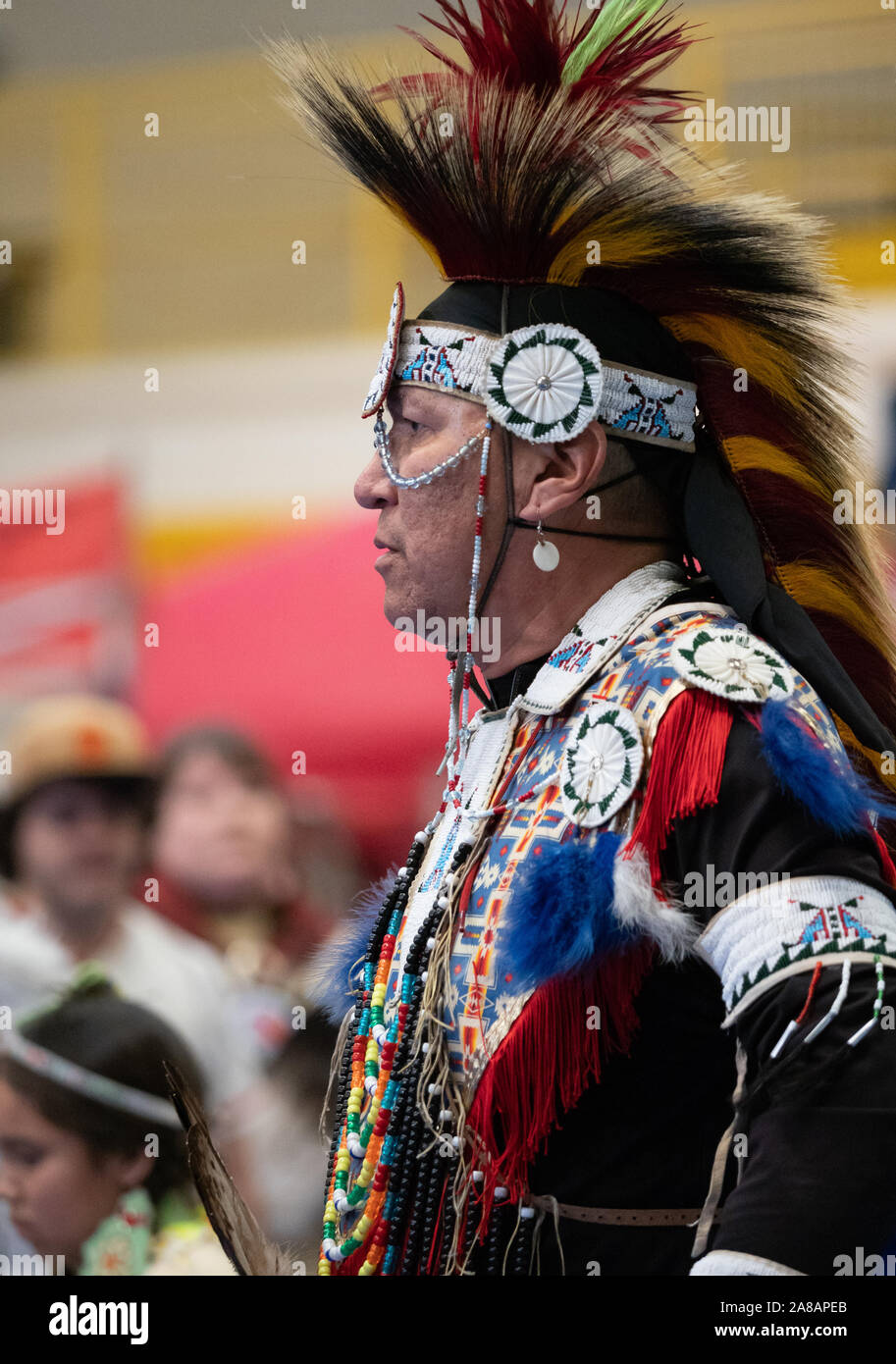 Native American uomo che indossa un copricapo di pelliccia, bordato con archetto con medaglioni, uno scialle frangiato e perle. Foto Stock Native American uomo che indossa un copricapo di pelliccia, bordato con archetto con medaglioni, uno scialle frangiato e perle. Foto Stock