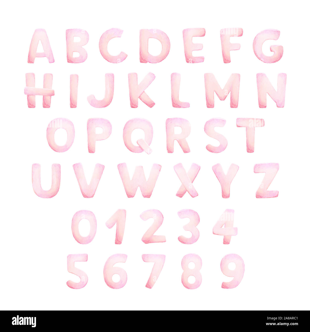 Alfabeto e numeri. Acquerello. Baby alfabeto. Scritte a mano. Colore rosa chiaro. Sfondo bianco. La qualità di stampa Foto Stock