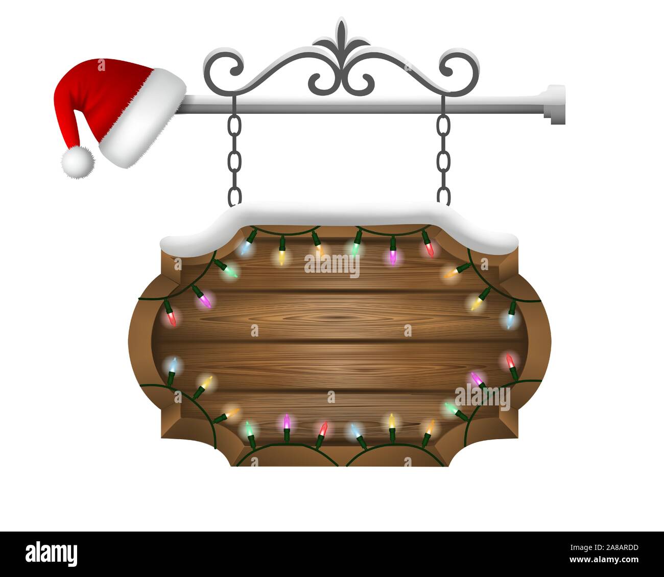 Natale cartello in legno bordo con neve, luci colorate e santa claus hat Illustrazione Vettoriale