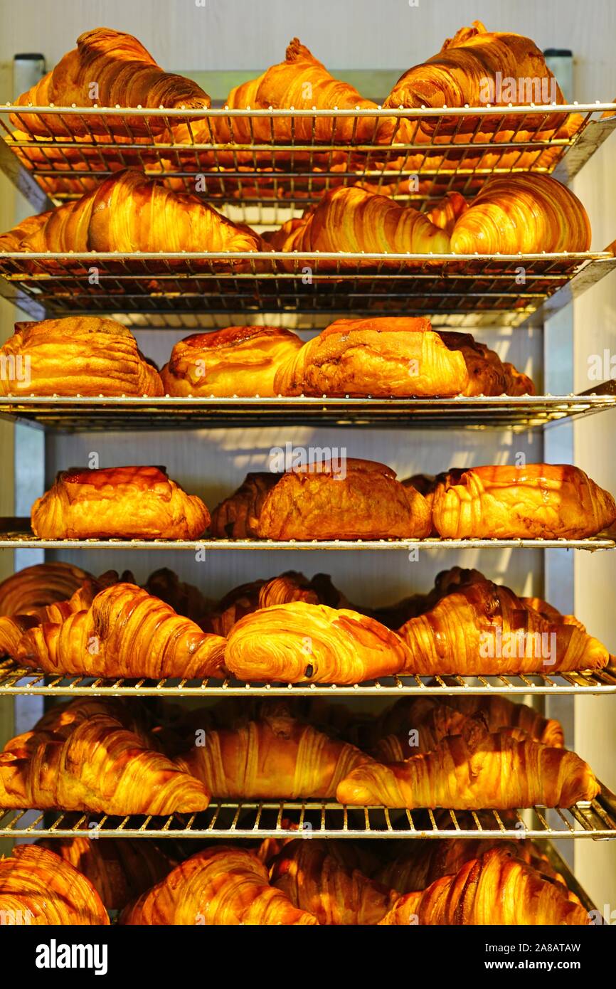 Croissant appena sfornati su vassoi sospese in una panetteria a Parigi Foto Stock