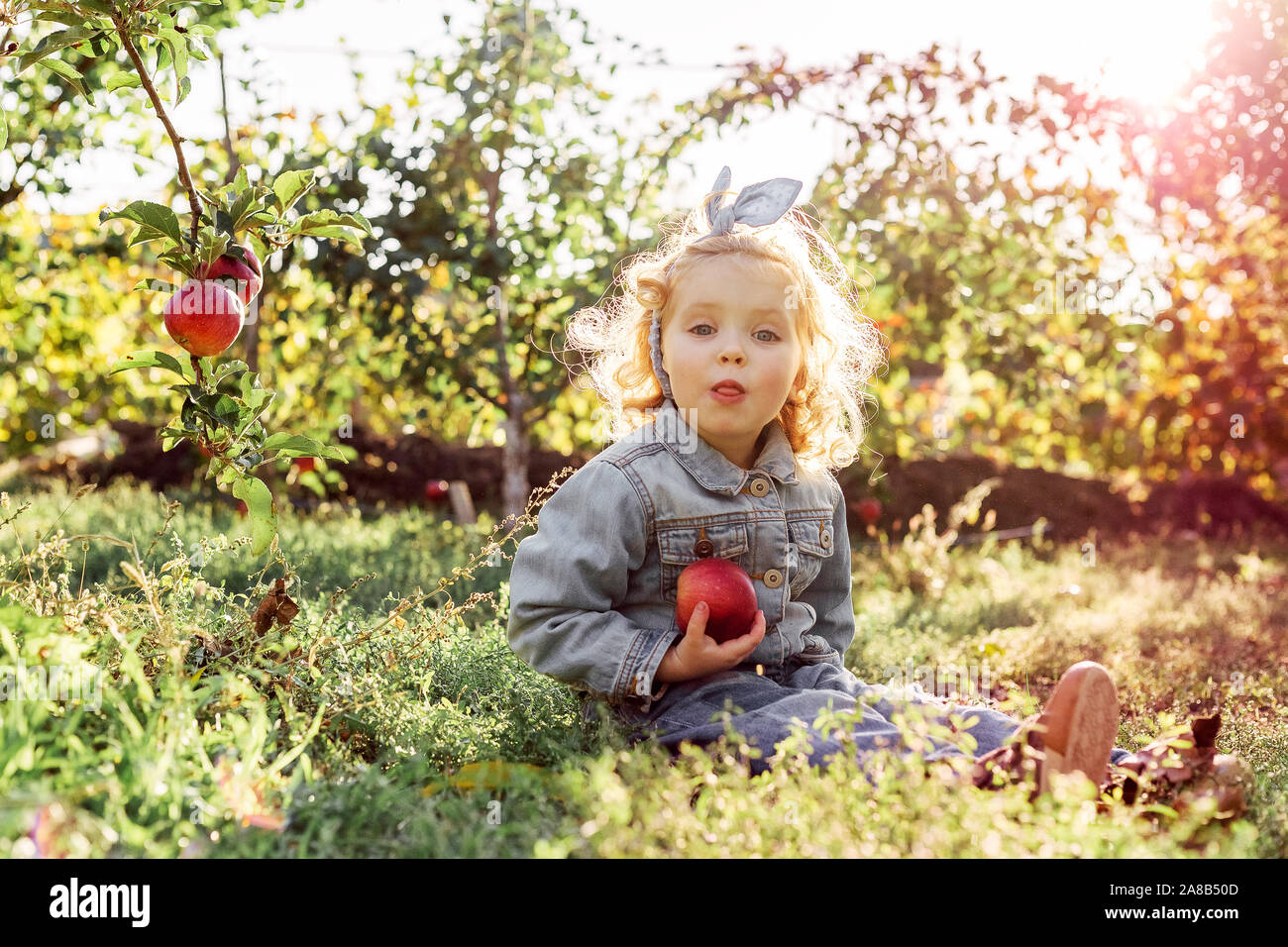 Carino bambina bambino mostra la linguetta, rende divertente faccia tenendo ripe rosso organico apple nell'Apple Orchard in autunno. Cibo sano nutrizione. Il raccolto Foto Stock