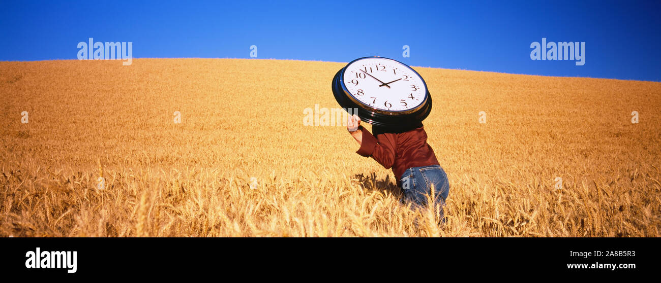 La donna che porta un grande orologio attraverso un campo di grano, Palouse Paese, nello stato di Washington, USA Foto Stock