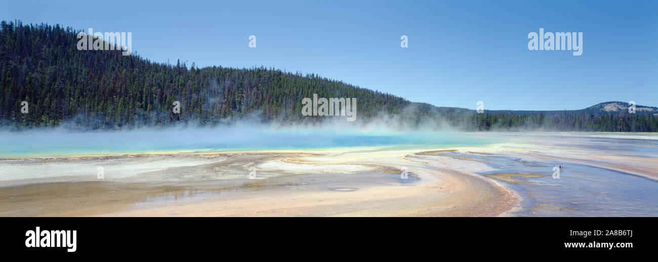 Vapore oltre una primavera calda, Grand Prismatic Spring, il Parco Nazionale di Yellowstone, Wyoming USA Foto Stock