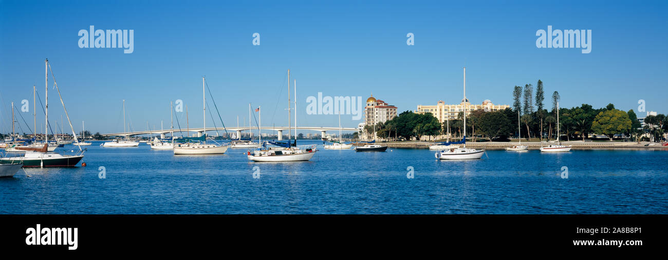 Barche ancorate nel mare, Bayfront Park, Sarasota Bay, Sarasota, Florida, Stati Uniti d'America Foto Stock
