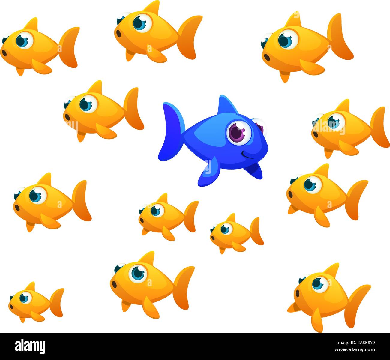 Un pesciolino blu andando in una direzione diversa che il comune goldfish. Illustrazione Vettoriale