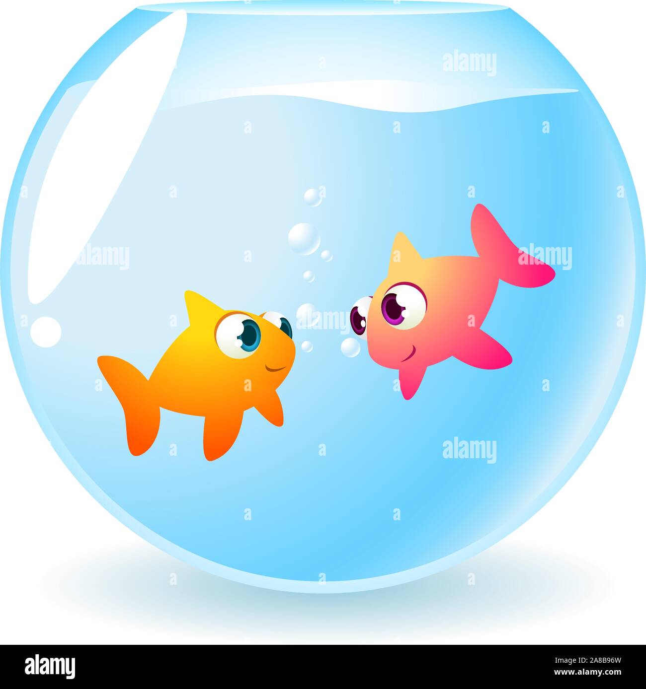 Goldfish pesci in amore sorridente e fissando tra loro, con molte bolle tra loro illustrazione vettoriale. Illustrazione Vettoriale