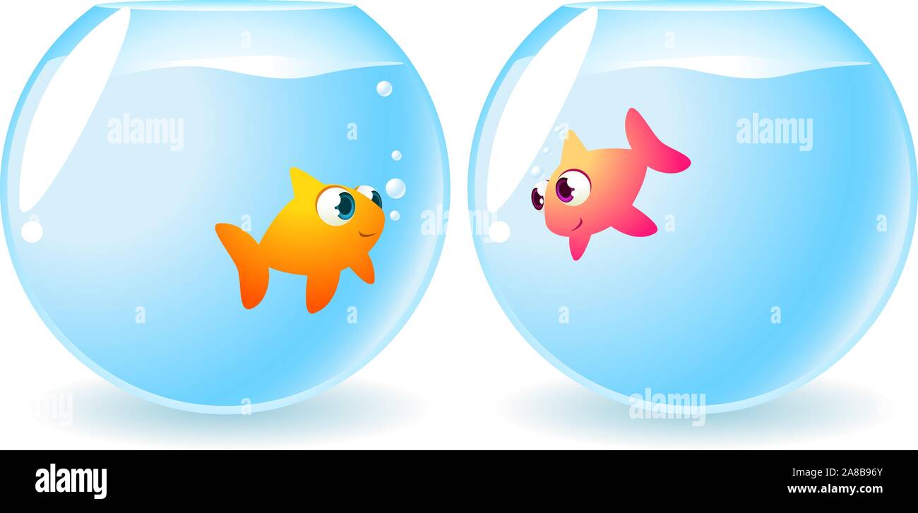 Goldfish pesci in amore sorridente e fissando tra loro, con molte bolle tra loro illustrazione vettoriale. Illustrazione Vettoriale