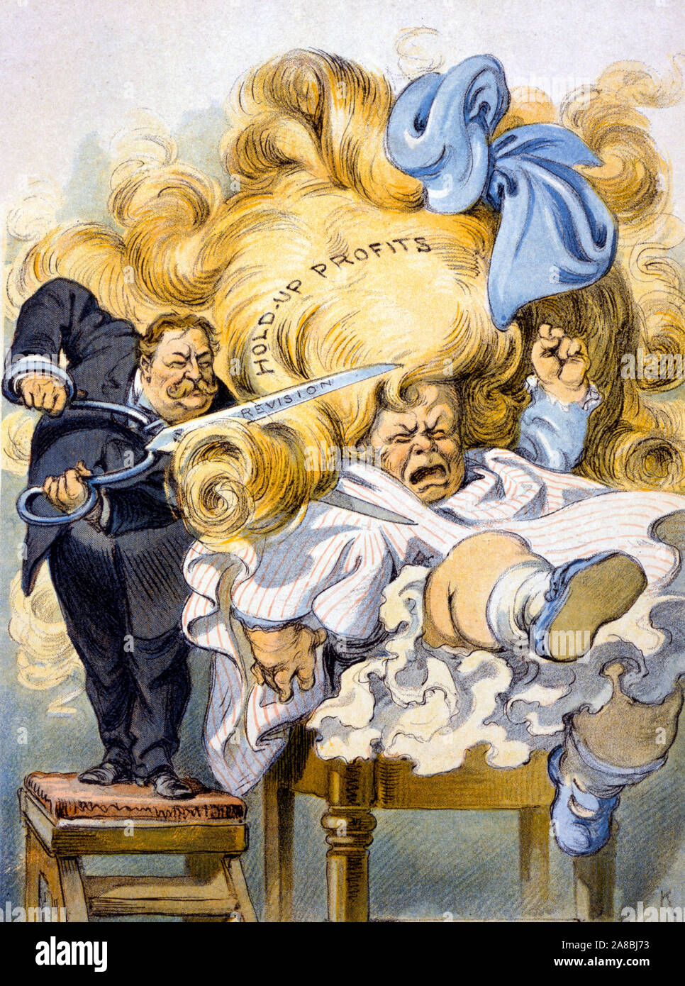 La rifilatura del coccolati darling - William Howard Taft dicendo, 'Stop calci! Mi potrebbe tagliare la testa fuori!", come egli taglia i riccioli lunghi della ragazza 'hold-up i profitti", con forbici 'revisione.' Cartoon politico, 1909 Foto Stock
