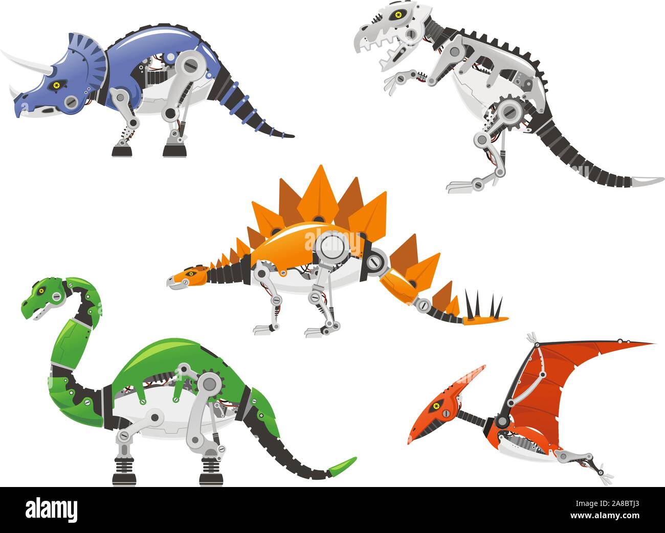 Alta dettagliata Centrosaurus Robot, Chasmosaurus, Ceratosaurus, Carnotaurus, Apatosaurus, Brontosaurus, Baryonyx, Stegosaurus, dinosaur cartoon collezione di oltre Illustrazione Vettoriale
