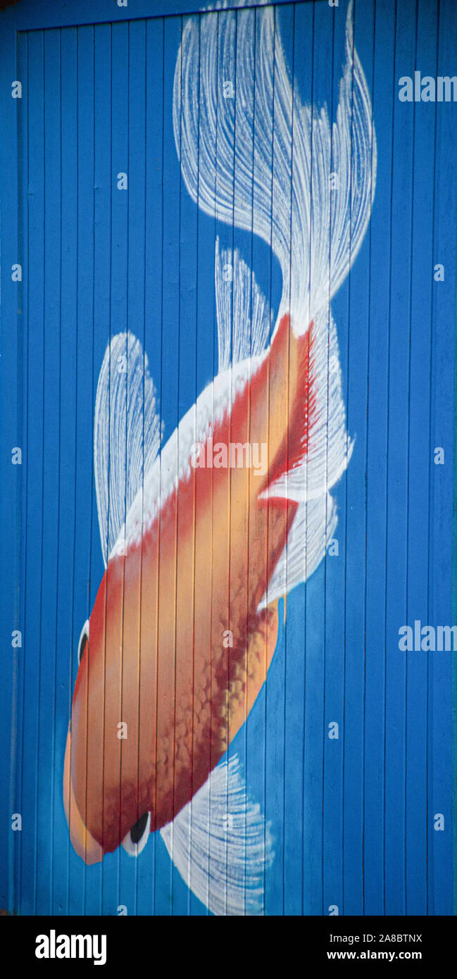 Pesce d'oro Arte di strada lungo la costa Foto Stock