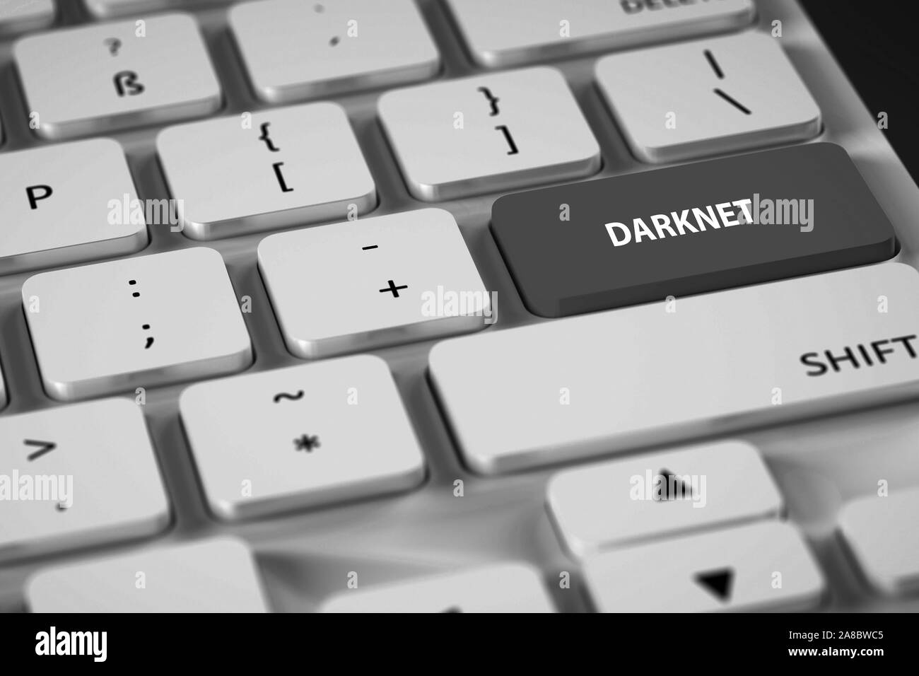 Weisse Computertastatur, belegte Sondertaste, Aufschrift, Darknet Foto Stock