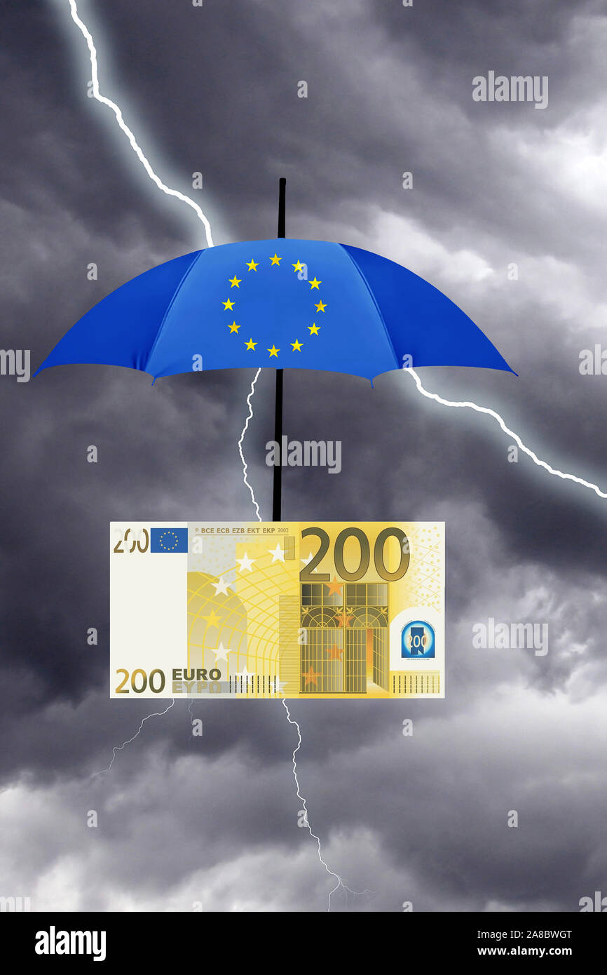 Euro-Rettungsschirm, dient dem Schutz der Waehrung vor Krisen, Gewitter, Blitz, Blitze, Foto Stock