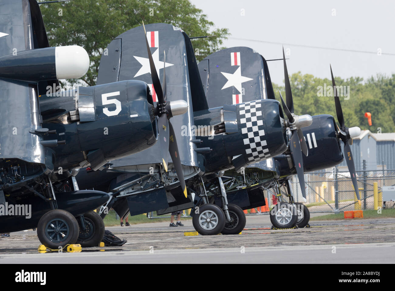 Una grande formazione di F4U Corsari esegue al 2019 Thunder su Airshow Michigan. Foto Stock