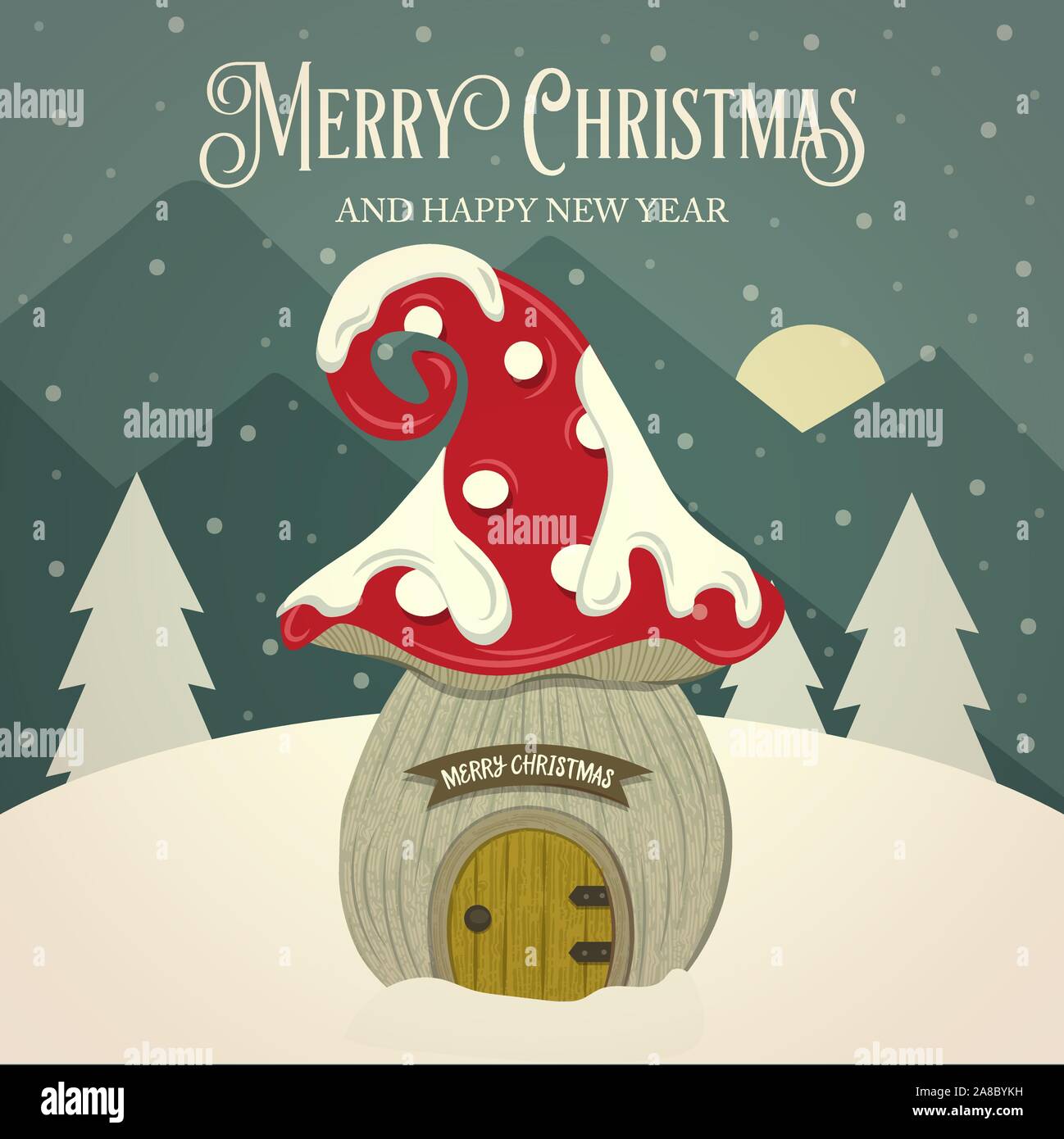 Bella retrò scheda di Natale a fungo casa di fata. Design piatto. Vettore Illustrazione Vettoriale