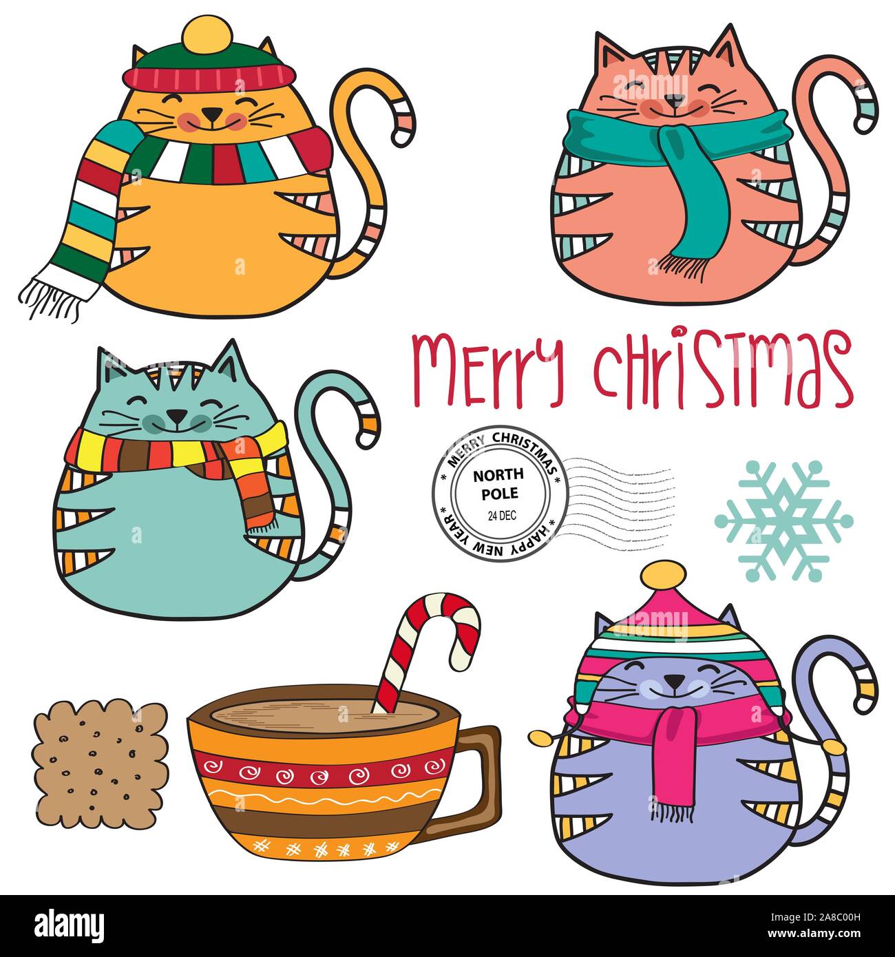 Carino accogliente gatti di raccolta e di altri elementi di Natale Illustrazione Vettoriale