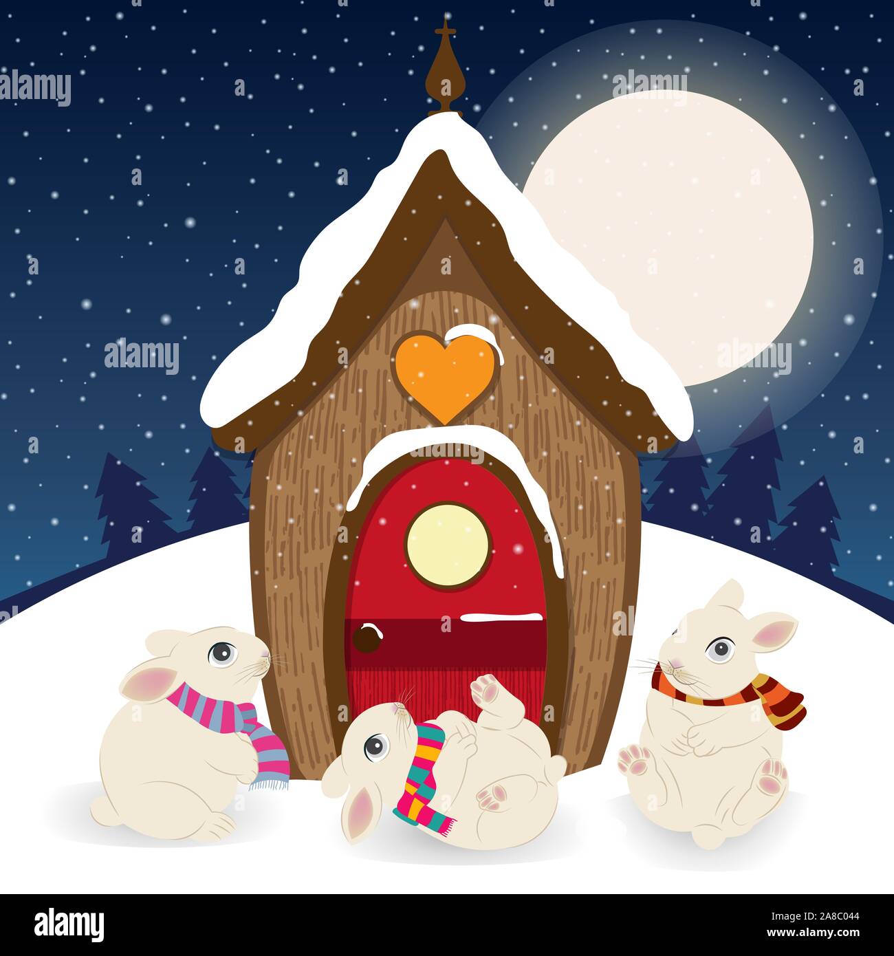 Carino il Natale in scena con la casa di gnome e felice coniglietti Illustrazione Vettoriale