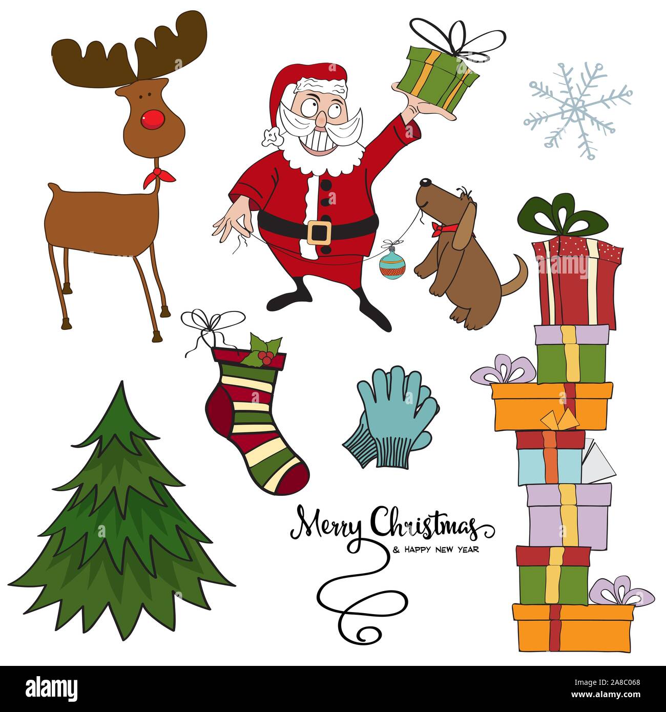 Carino disegnato a mano, Articoli natalizi Collezione isolato su bianco Illustrazione Vettoriale