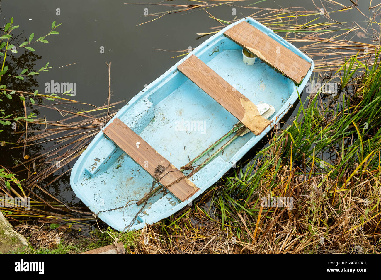 Vecchia barca a remi sulla sponda di un fiume Foto Stock