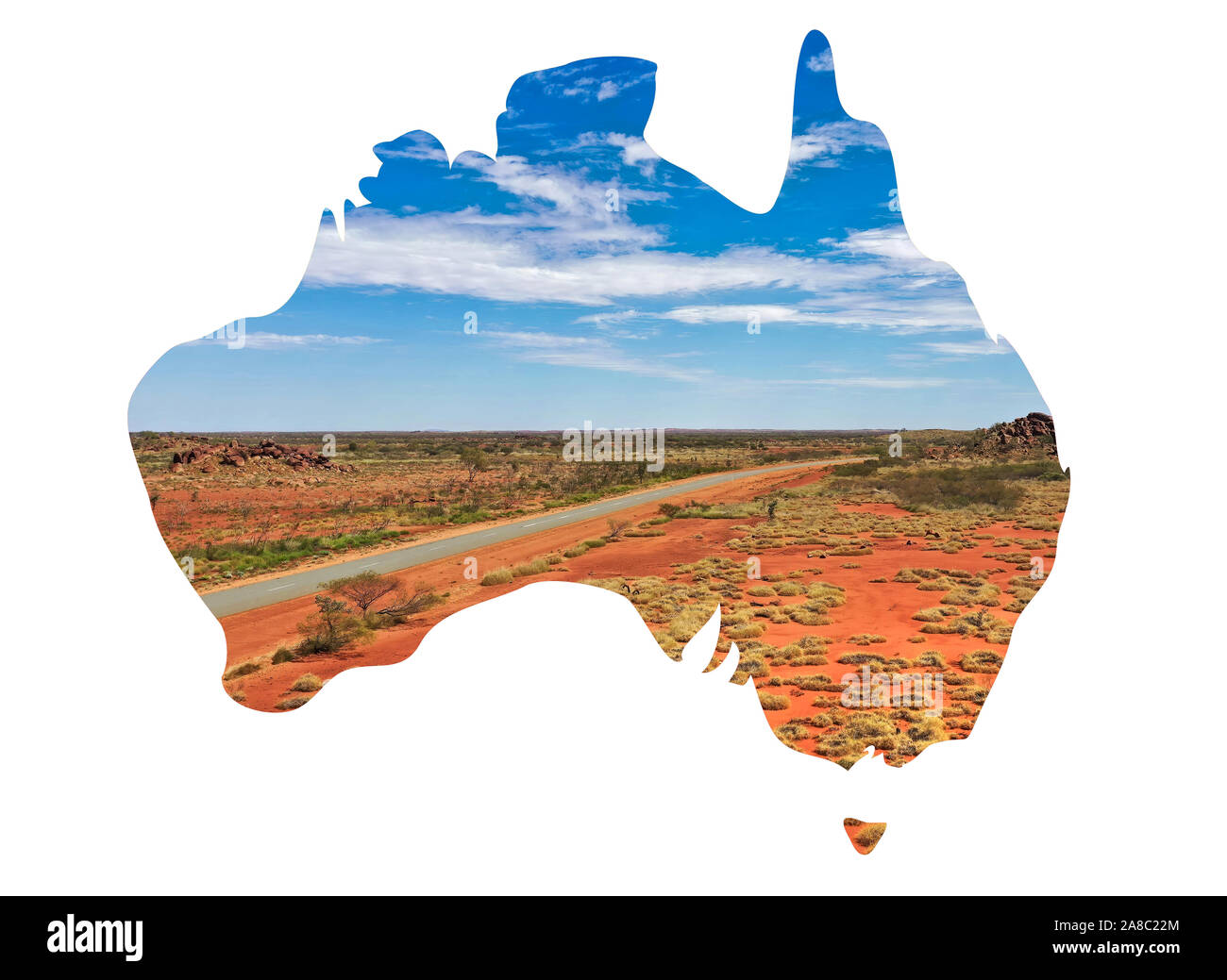 Australia mappa Outback con vista campagna inserita su sfondo bianco Foto Stock