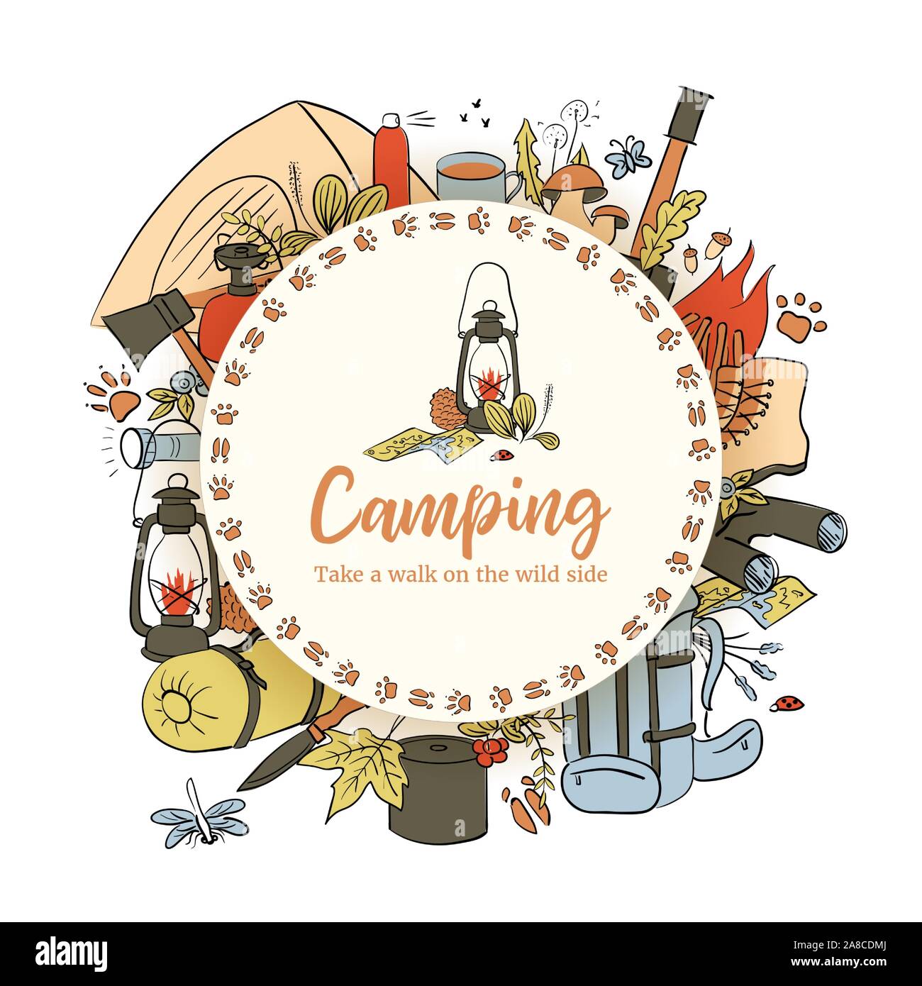 Camping badge rotondo con testo. modello. Fate una passeggiata sul lato selvaggio. Tracce degli animali. Escursionismo icone colorate stile di disegno impostato. Illustrazione Vettoriale