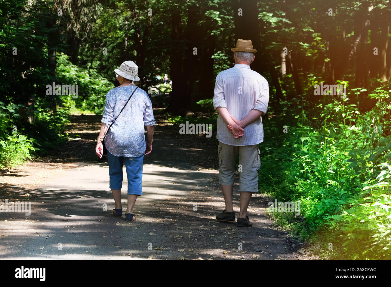 Coppia di mezza età sta camminando nella foresta. Boschi sui lati del sentiero. Coppia di anziani è camminare nel parco verde in vacanza. Soleggiata giornata estiva. Foto Stock
