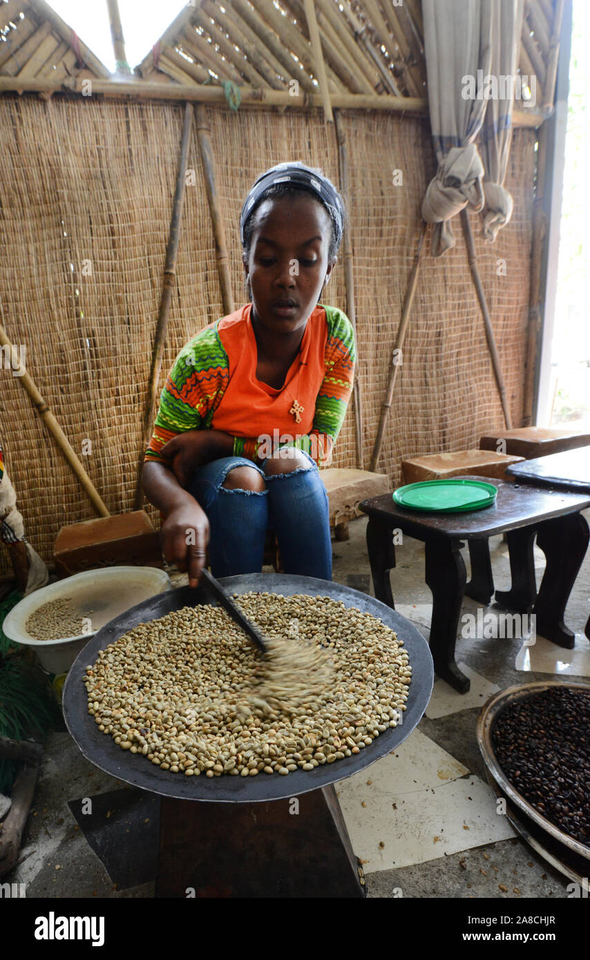 Una giovane donna etiope la tostatura i chicchi di caffè in preparazione del tradizionale caffè etiope. Foto Stock