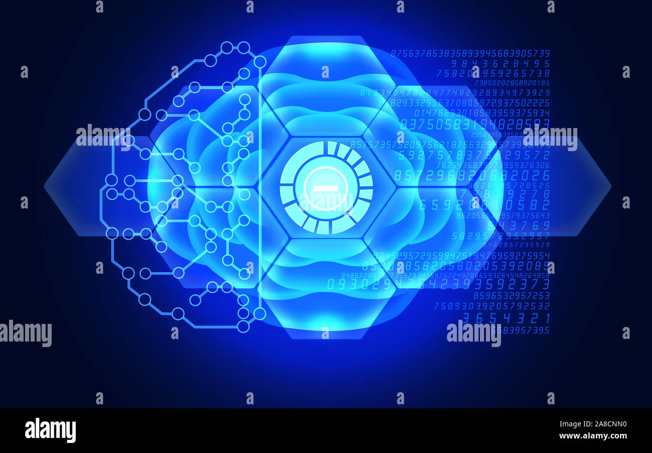 Segno meno pulsante è riflettendo su 3D avveniristico circuito elettronico in un modello di cervello. Business, finanza, tecnologia e denaro concetti più avveniristica Foto Stock