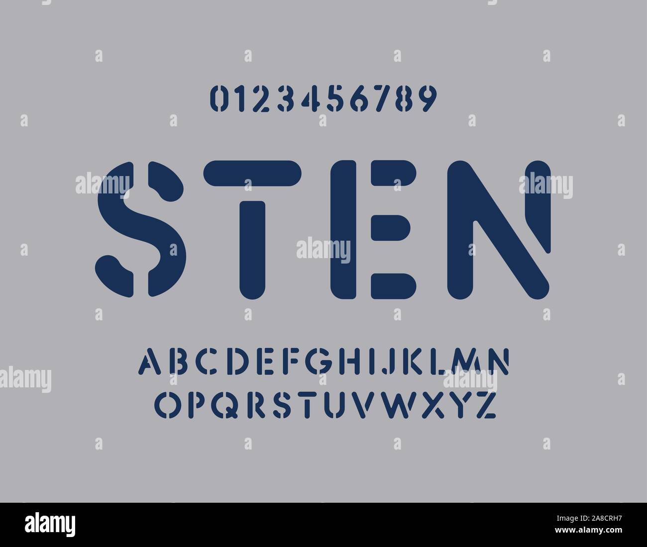 Stencil lettere e numeri impostati. Graffity bold vettore alfabeto latino modello. Grasso arrotondati font per esercito, piastra auto, cartello stradale, a parete il testo. Tipografia Illustrazione Vettoriale