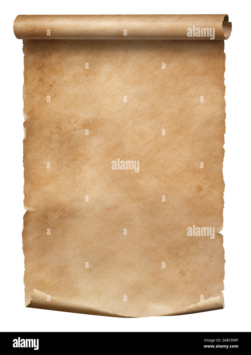 Vecchia carta usurata scorrere con macchie sporche isolato su bianco Foto Stock